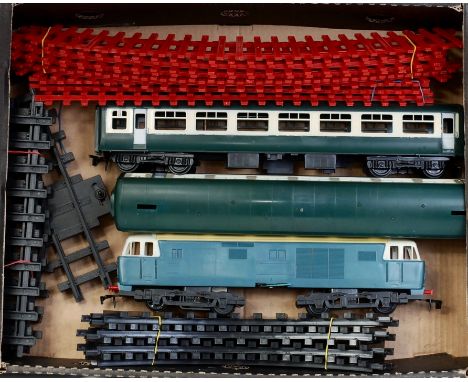 A large tray containing a blue/cream battery operated Lima type bogie diesel outline loco missing one buffer, with 2x dark bl