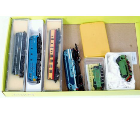 Mixed makes N gauge Lima green AIA-AIA diesel (G-BG) a similar BR blue in box inner only (G) a Continental Bo-Bo diesel (a/f)