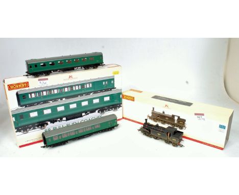 Hornby R2506 class M7 tank engine BR black No. 30108 factory weathered (G-BG), together with R4534 BR green, 2 coach Maunsell