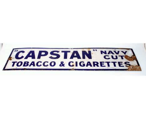 An original Capstan Navy Cut Tobacco and Cigarettes Enamel Sign, Blue on white example, measures 23cm x 92cm
