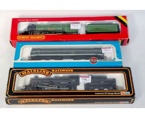 Hornby R845 LNER green 'Flying Scotsman' (G-BFG), Airfix BR green AIA-AIA diesel locomotive (G-BG) and a Mainline BR lined bl