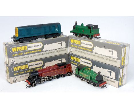 A Wrenn LMS red 2-6-4 tank engine, Southern malachite green No. 1340 tank engine, a similar BR green by Hornby Dublo, all hav