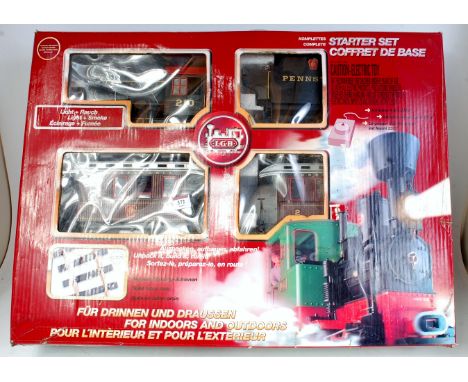 An LGB American outline starter train set with 2-4-0 engine and tender 'Pennsylvania RR' and 2 four wheel coaches , track ova