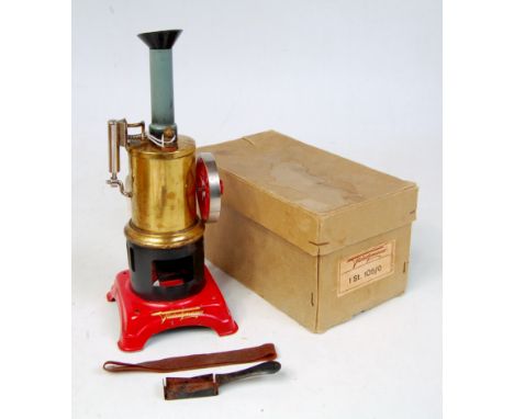 Fleischmann, vertical steam engine, tin plate, oscillating engine with brass boiler, chimney, safety valve/filler funnel, tra