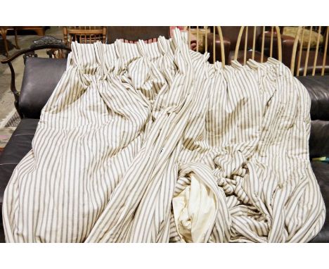 Two pairs of off-white and grey striped curtainsCondition ReportLarge pair - Areas of staining, water marks, tears to lining 