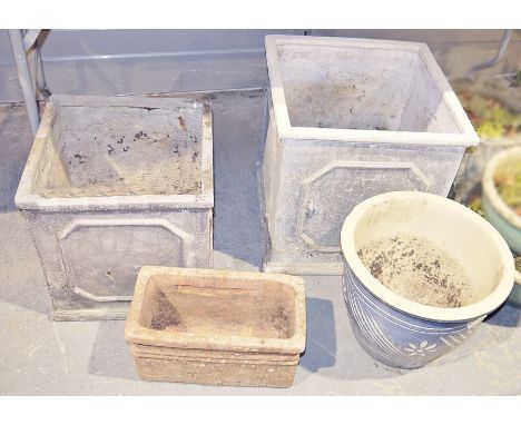 Large square planter, a similar smaller planter, a rectangular terracotta planter and a large stoneware plant pot (4)