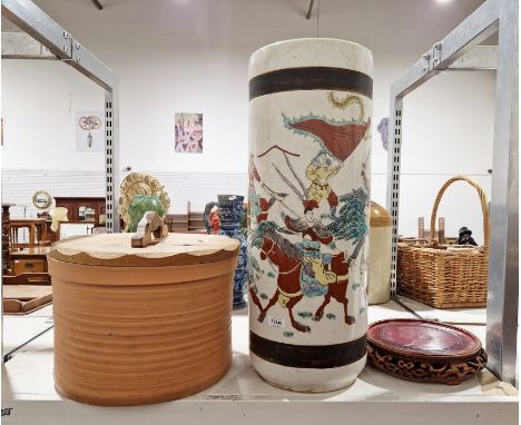 Modern Chinese pottery stick stand together with a large terracotta storage pot with wooden lid (2)