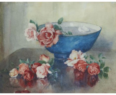 Katherine Cameron RSW RE (British, 1874-1965)Roses and blue bowl signed 'K. Cameron' (lower left)watercolour43.8 x 54.5 cm. (