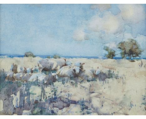 Joseph Crawhall RSW (British, 1861-1913)Sheep in a meadow signed and dated 'Crawhall/'87' (lower left)watercolour20 x 26 cm. 