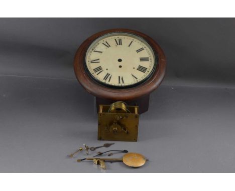 A Late 19th to Early 20th Century Mahogany Wall Clock, the white enamel face with roman numerals, 33cm diameter, AF