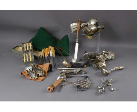 A collection of silver and silver plated items etc, including a Victorian christening spoon, a pair of Georgian bright-cut su