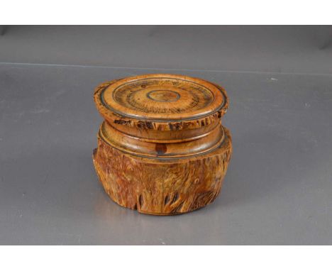 An antique treen carved burrwood table snuff box and cover, possibly Scottish, mid-19th Century. 9.5 cm high by 13 cm diamete