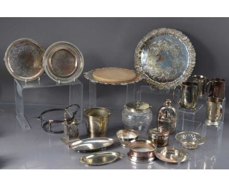 A quantity of Victorian and later silver plated items, including salvers and trays, tankards and mugs, a hip-flask, ice bucke