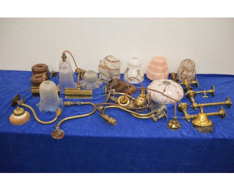 Four Victorian and later wall lights, some converted from gas, together with a set of three similar, two ceiling light fittin