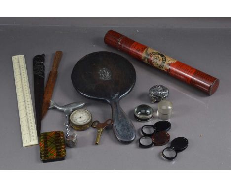 A group of desk accessories and treen etc, including a tartanware card game counter in Lorne tartan (Dukes of Argyll); a pock