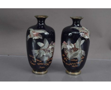 A pair of Japanese cloisonné Meiji period (1868-1912) vases decorated with sparrows the vases with a dark ink-blue ground. Fl