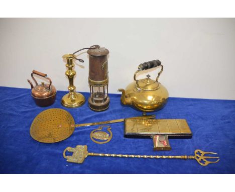 An early 20th century miner's lamp by E. Thomas & Williams Ltd and other items, including a cribbage board and two kettles