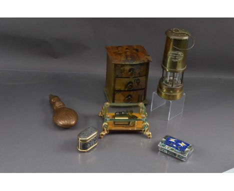 A 19th Century copper and brass pineapple decorated shot flask, together with a Ferndale Coal & Mining Co miner's lamp, two d