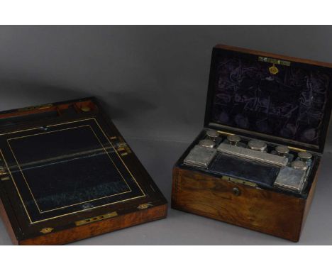 A good Victorian dressing table box or vanity case,  together with a 19th Century writing slope with brass stringing (AF). Ma