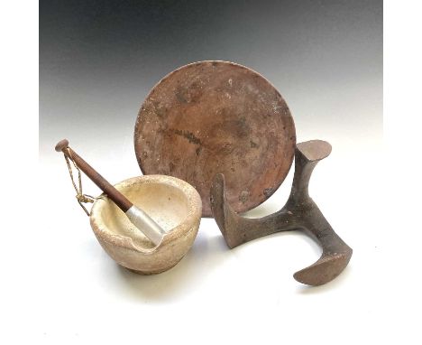A ceramic mortar and a pestle, a boot last and a turned wood bowl