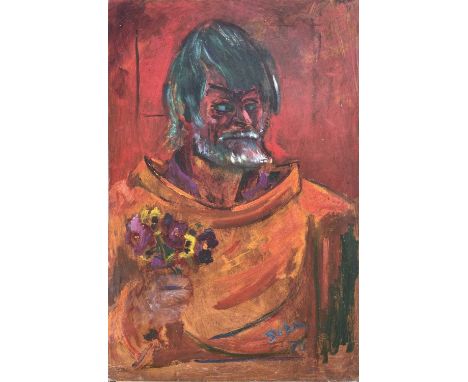 Sven BERLIN (1911-1999)Self-Portrait with FlowersOil on boardSigned and dated '7091x61cm