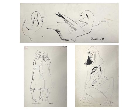 Sven BERLIN (1911-1999)Girl with GooseInk drawingSigned and dated 195858x38cm, an ink drawing Sisters signed 58x38cm and a sm