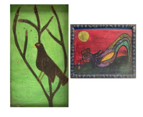 Julia BERLIN (1947-2021)Portrait of a Blackbirdtogether with a painting of a cockereloil on board51x30cm, 30 x40cm