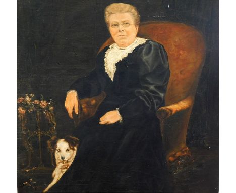 19th/20thC British School.  Portrait with seated lady and dog, oil on canvas, 76cm x 63.5cm