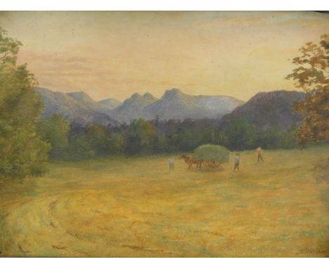 J E Wilkinson (19th/20thC).  Haymaking, watercolour, signed and dated 1902, 25cm x 33cm