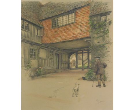 Cecil Aldin (1870-1935).  Courtyard scene with old gentleman and dog, artist signed coloured print, 42.5cm x 34cm