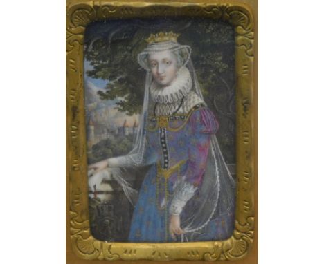 Continental School.  Portrait of a princess in alpine landscape -shield motif, oil with gilt highlight, 8cm x 5cm