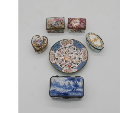 A collection of enamel items. Including five 19th century style enamel patch pots and a Continental enamel dish. The largest 