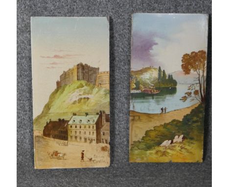 A pair of 19th century paintings on ceramic tile, Scottish scenes, one inscribed Edinbro' Castle. H.31 W.15 