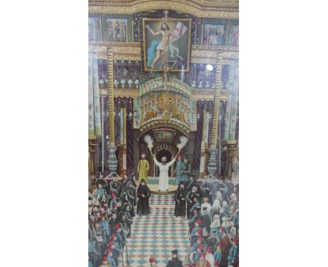 A early 20th century framed and glazed hand coloured and gilded lithograph showing the The Miracle of Holy Fire in Jerusalem,