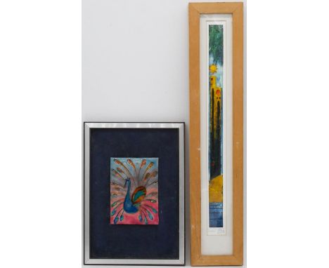 A framed and glazed enamel artwork of a peacock, unsigned and a framed and a glazed ceramic artwork titled 'Desert Sun', indi