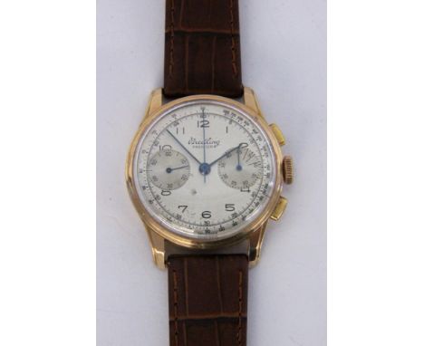   BREITLING HERRENARMBANDUHR.  1940er Jahre Chronograph mit Stoppfunktion, Gehäuse 750/00 Gelbgold. D. ca. 35mm Gest.: 662172