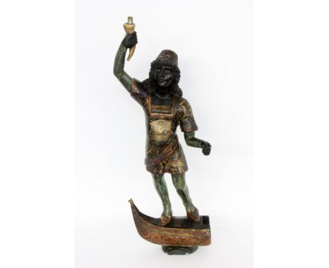   VENEZIANISCHER MOHRENLEUCHTER  Italien 19.Jh. Auf einer halben Gondel stehende Skulptur. Holz, vollplastisch geschnitzt und