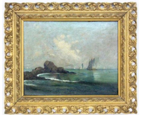   MARINEMALER  um 1906 Küstenlandschaft mit Segelbooten. Öl/Lwd., Verso mit handgeschriebener Widmung und Datierung: 1906. 22