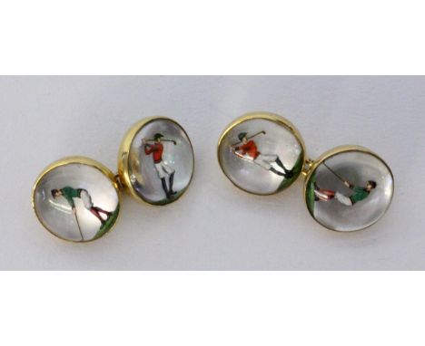   PAAR MANSCHETTENKNÖPFE  585/000 Gelbgold mit Bergkristall und Golfmotiven "Golfer". Brutto ca. 10,5g        A PAIR OF CUFFL