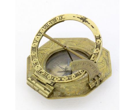   ÄQUATORIALE SONNENUHR MIT KOMPASS  Ludwig Theodatus Müller, Augsburg 1710 - 1770 Messing, oktogonale Form mit eingelassenem