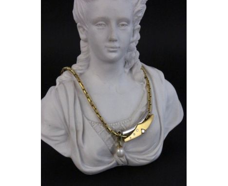   COLLIER.  585/000 Gelb- und Weissgold mit 2 Anhängern: tropfenförmige Perle und Brillant und Designer-Anhänger mit 4 Brilla