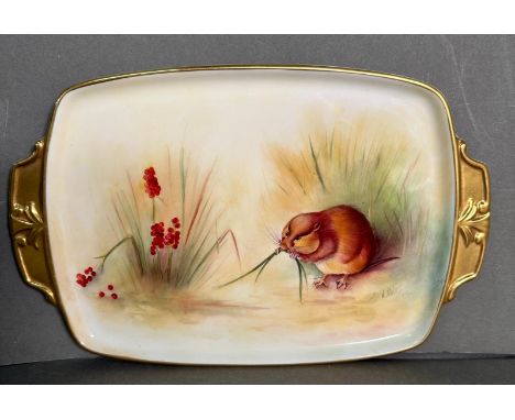 A hand-painted and signed by artist china tray, titled 'Orkeney Vole', M Bates 1979.