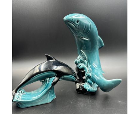 Two Poole pottery dolphins in blues and greens 
