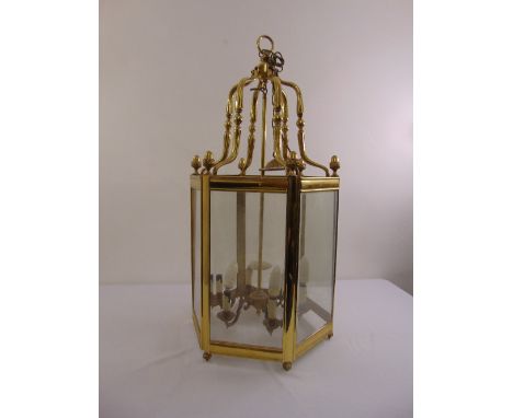 Christopher Wray brass and glass hexagonal panelled hall lantern, 117cm (h)