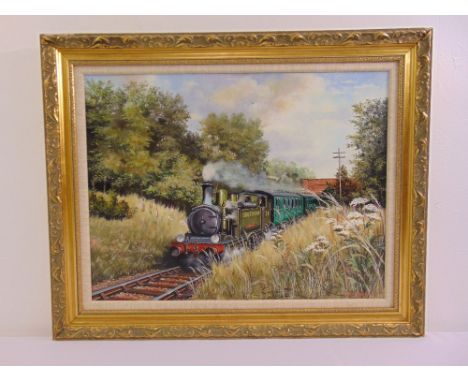 Ken Hankin framed oil on canvas of a steam engine and carriages, signed bottom right, 49 x 65cm