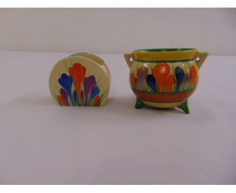 Two Clarice Cliff Crocus pattern vases one with two side handles