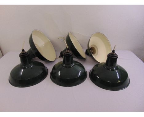 Six green enamelled circular industrial light shades