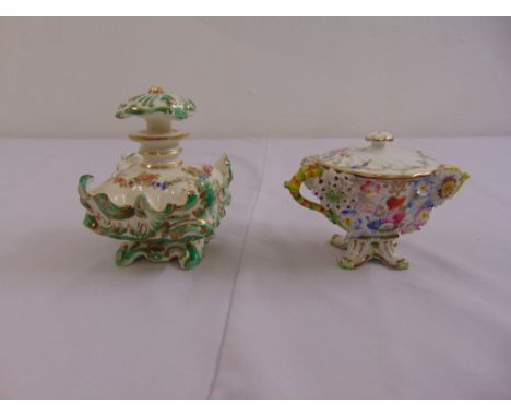 A Victorian ceramic scent bottle and a bocage bowl and cover