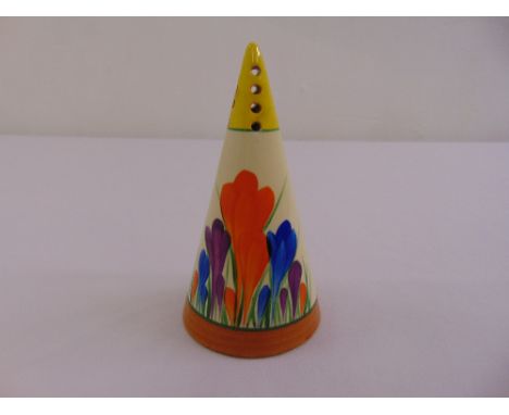 A Clarice Cliff Crocus conical shaped sugar sifter (cork stopper missing)