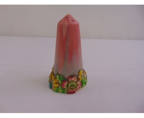 A Clarice Cliff My Garden sugar sifter with pierced top and floral base, (cork stopper missing)